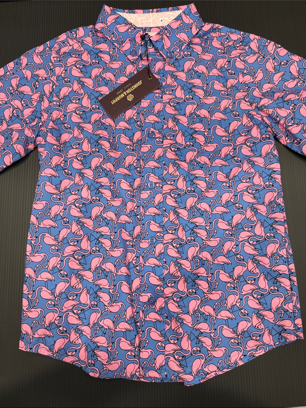 Johnston & Murphy Blue Button-Down Shirt with Pink Flamingo Print
